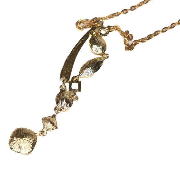 Gold Tone Pendant Necklace Rhinestone Pink Gems Asymmetrical Fashion Jewelry - Picture 9 of 10